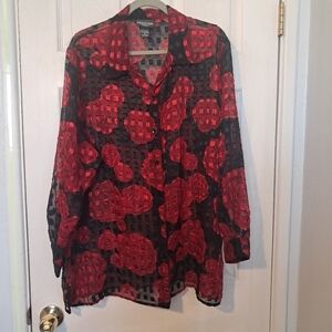 💰Notations Red and Black Sheer Button-Up Blouse